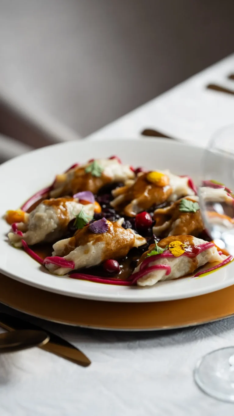 Pierogi z sosem i jadalnymi kwiatami – fotografia kulinarna dla restauracji