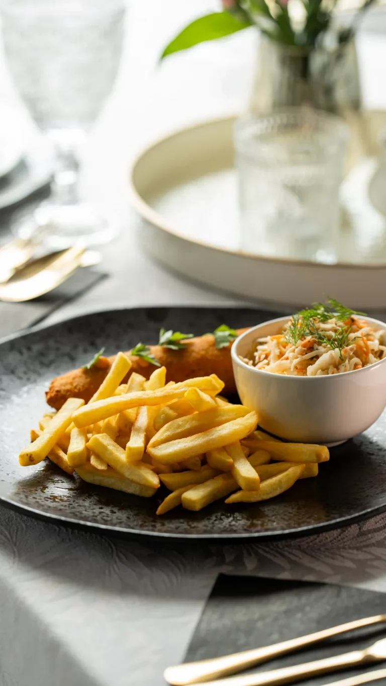 Krokiet z frytkami i surówką – fotografia kulinarna dla restauracji