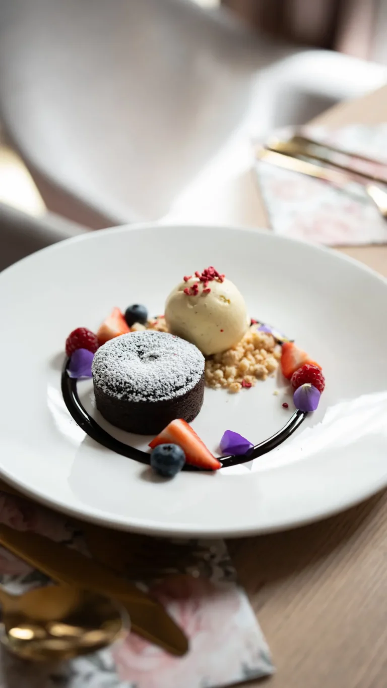 Fondant z lodami i owocami – fotografia kulinarna dla restauracji