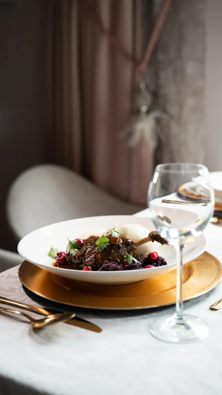 Kaczka na złotym podtalerzu w sali restauracji – fotografia kulinarna dla restauracji